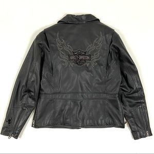 Harley Davidson black leather jacket wings studs L